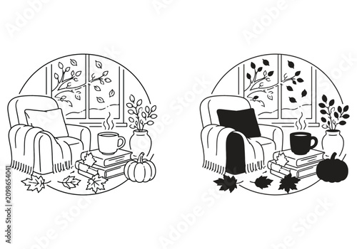 Cozy Autumn Corner Illustration - Fall Interior, Reading Nook, Seasonal Comfort, and Pumpkin Decoration Concept Vector