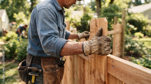Contractor Installing Wooden Fence Posts During Residential Fence Construction