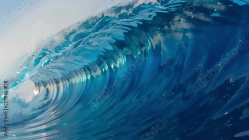 Abstract Ethereal Blue Ocean Wave animated in high-quality 3D cartoon style, dynamically curling with translucent water movement.