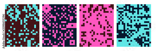8-bit pixel art tile posters set. Retro old style digital noise texture, bitm...