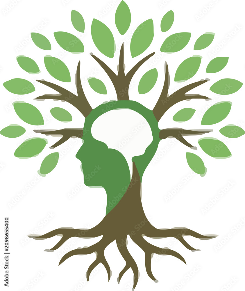 Fototapeta premium Illustration of a tree of life intertwined with a human head silhouette and a brain, symbolizing mental growth, psychology, and nature