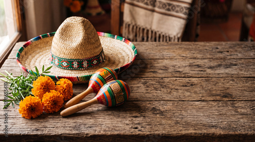 Sombrero, maracas, and orange marigold flowers arranged on a rustic wooden table. Mexican culture and traditional celebration concept.