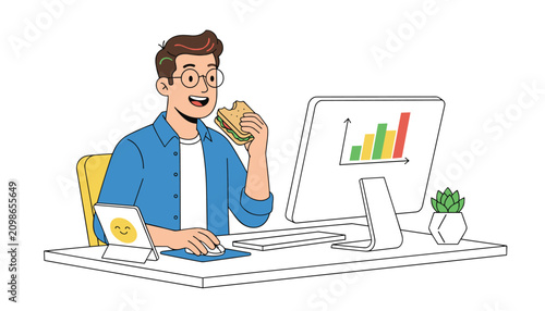 Young office worker eating a sandwich while working on business growth charts on his computer at his office desk.