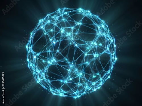 Futuristic digital network sphere, glowing blue neural plexus globe, abstract technology data connection orb with light rays and particles