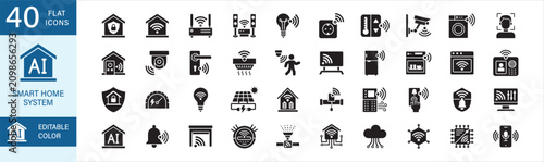 Smart Home system flat icon set. Smart home appliances icons. Contains symbol of automation tech, internet, sensor, bulb, hub, face recognition, door lock, cctv camera, plug, intercom, garage, alarm.