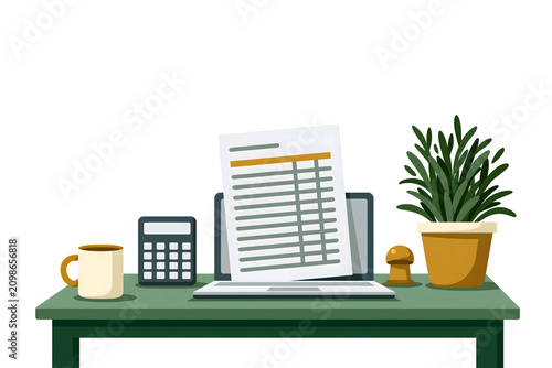 Elegant and Organized Workspace Setup for Enhanced Productivity with Laptop, Calculator, Coffee Mug, and Indoor Plant Perfect for Modern Business Environments