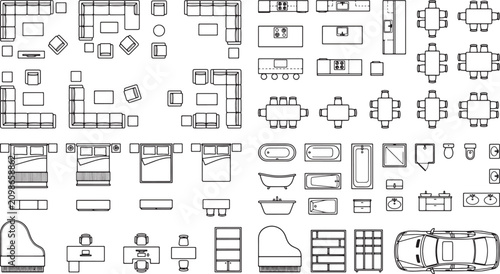 Architectural floor plan furniture symbols set for interior design projects in black and white vector illustration