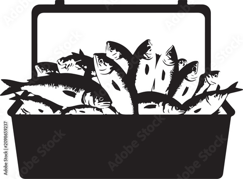 Black silhouette of fish in a basket, with handles des