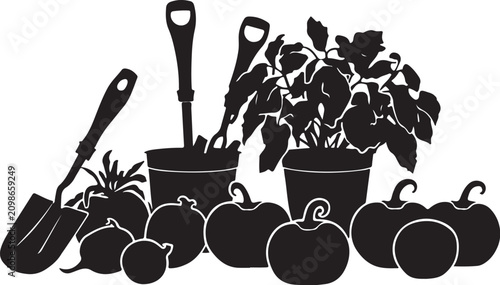 Black silhouette of gardening tools, potted plants, and