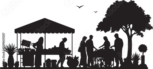 Black silhouette of people shopping at outdoor market canopy