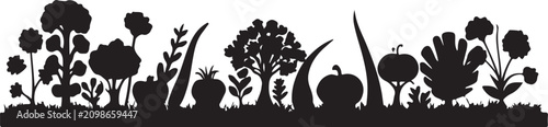 Black silhouette of various plants and flowers on a white des