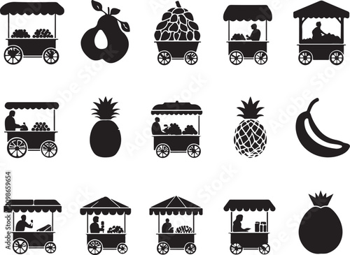 Black silhouettes of fruit carts and tropical fruits on