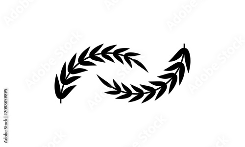 Two curved wheat ears silhouette vector icon. Black laurel branch or bamboo leaves logo for organic bakery, spa wellness, and eco brand. Cereal plant isolated on white