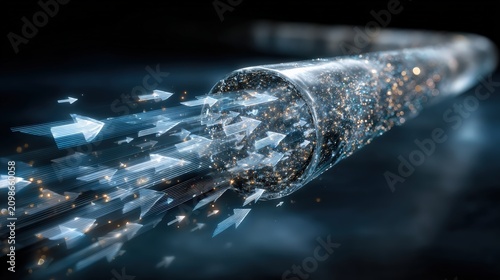 High-speed digital data flow through a futuristic fiber optic cable, illustrating rapid information transfer and network connection. ..Created with Generative AI, not depicting real subjects.