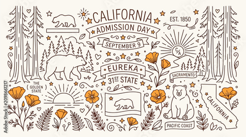 Bild auf Leinwand California Admission Day illustration with bears, poppies, trees, and state symbols