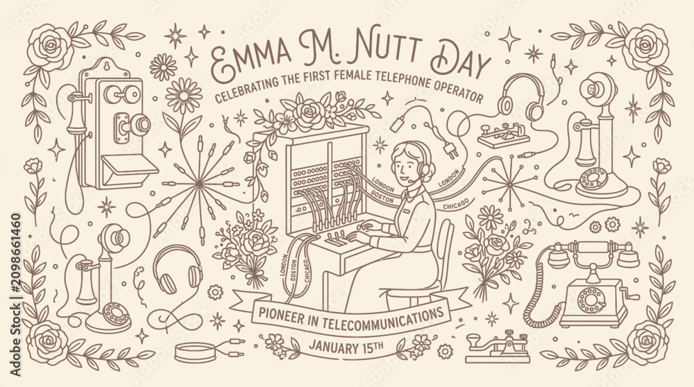 Obraz premium Emma M. Nutt Day: Celebrating the First Female Telephone Operator and Pioneer in Telecommunications.