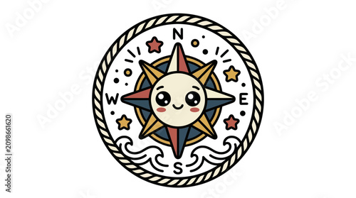 Cuadro en lienzo Cute Cartoon Compass Rose Sun Character with Nautical Rope Border