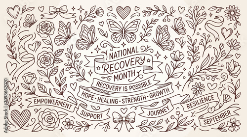 Obraz na płótnie National Recovery Month banner with inspirational words and decorative elements like butterflies and flowers