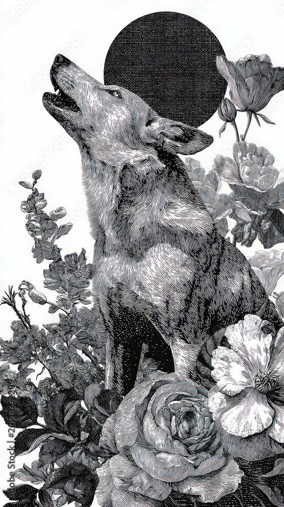 Fototapeta premium Wolf howling floral mobile wallpaper