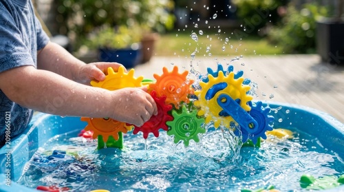 A toddler playing with colorful plastic gears in a water table.