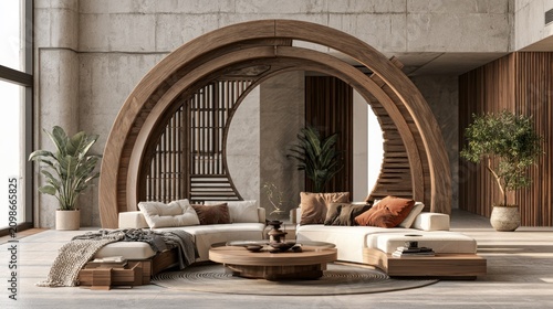 Zen living room with circular wooden partition and sofa.