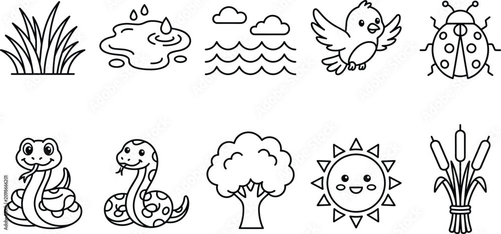 Fototapeta premium Nature wildlife swamp landscape and cute forest animal line outline icon set for children graphic design