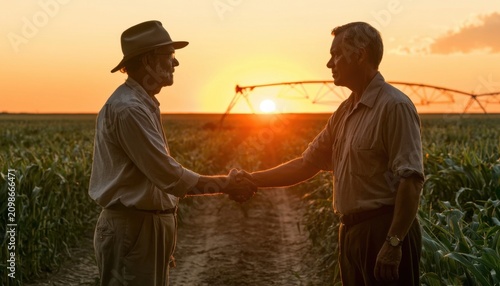 Two farmers shaking hands in a cornfield at sunset