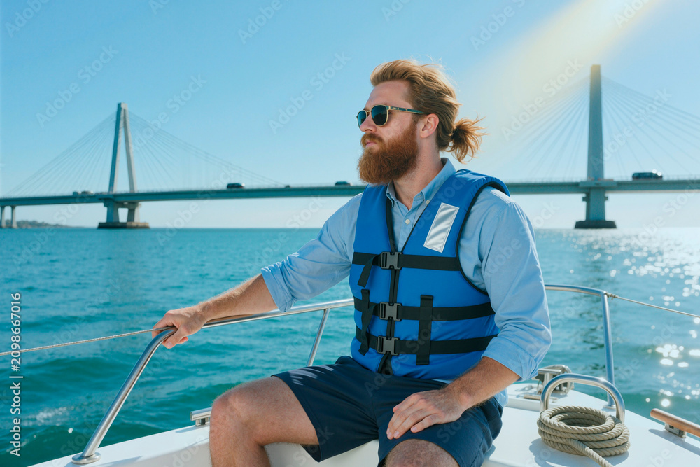 Fototapeta premium Young adult Caucasian man wearing life vest and sunglasses, sitting on boat and navigating coastal water near bridge, conveying leisure travel and marine safety. Ideal for tourism marketing