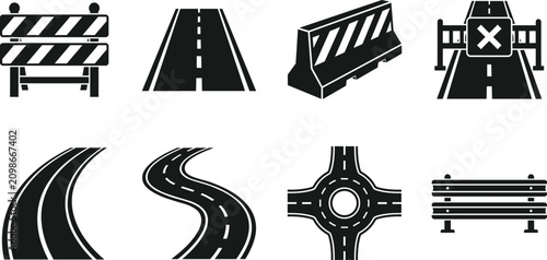 Road highway asphalt route curve roundabout intersection and construction barrier traffic control black solid glyph icon set