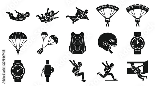 Tableau sur toile Skydiving and Parachute Black Silhouette Vector Icon Set Featuring Skydivers Win