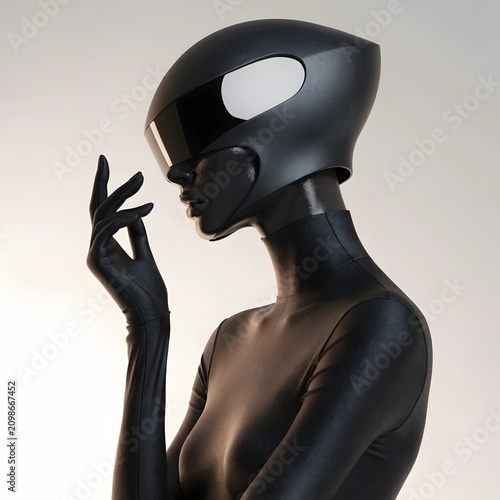 Cyberpunk female character in matte black bodysuit. Sci-fi technology and virtual reality design. Silhouette of an android woman wearing a dark helmet and long matching gloves