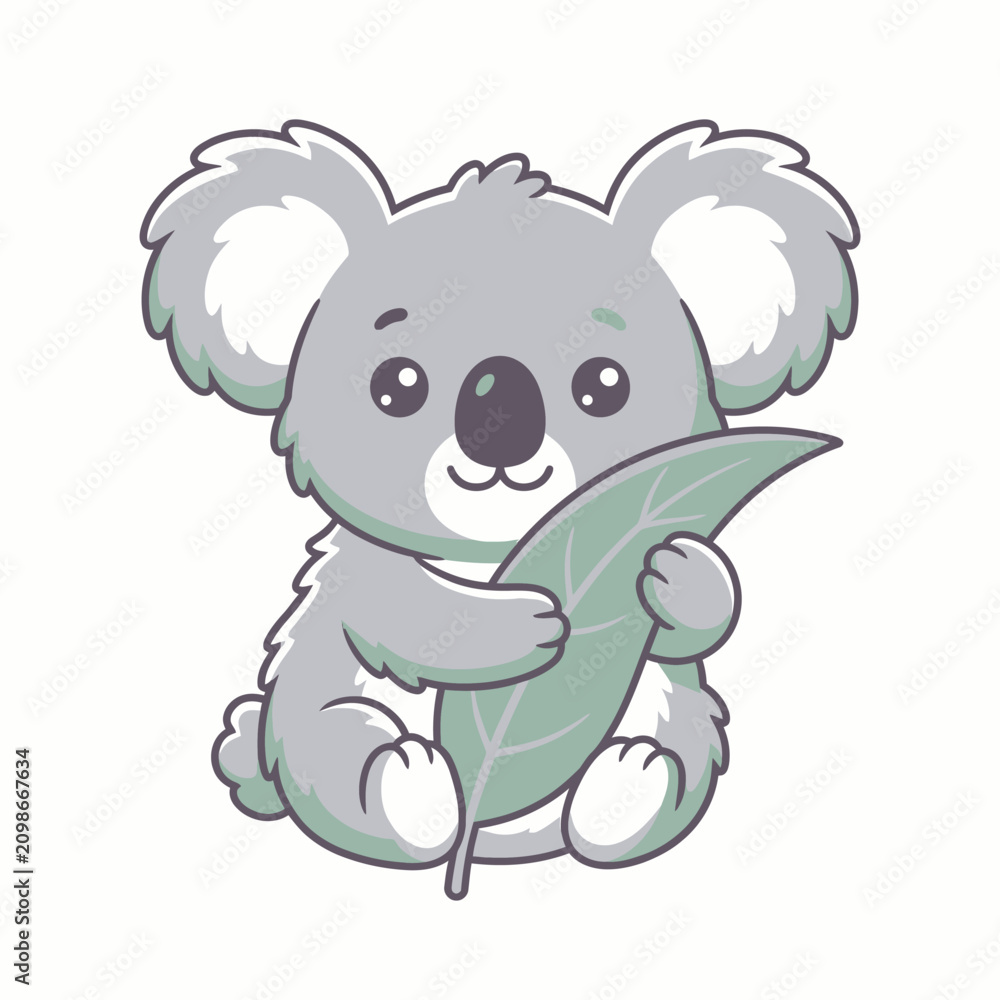 Naklejka premium Cute cartoon koala holding eucalyptus leaf, soft pastel colors