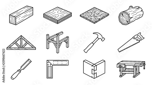 Foto Wood Construction Materials and Carpentry Black Line Art Vector Icon Set Featuri
