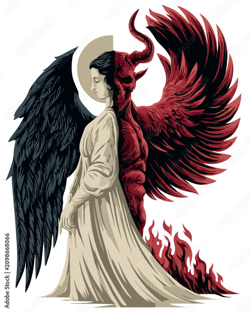 Obraz premium Half Angel Half Demon Figure with Black and Red Wings Vector Illustration