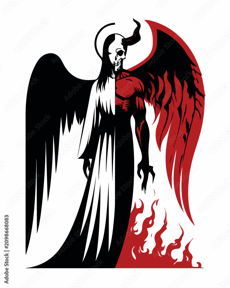Obraz premium Half Angel Half Demon Figure with Black and Red Wings Vector Illustration