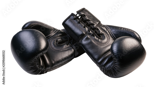 Obraz na plátně Pair of black leather boxing gloves with laces, isolated on transparent backgrou