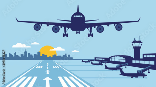 Fotografía Airport scene with airplane, terminal, control tower, and city skyline illustrat