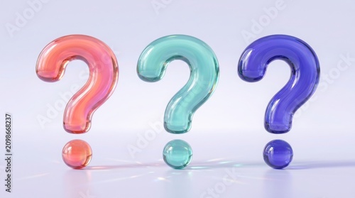 Three colorful glass question mark symbols arranged in a row isolated on a bright white background for business query banners.