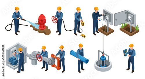 Fotografie Isometric Workers Operating Industrial Equipment and Valves.