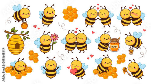 Cute cartoon honey bees collection with beehive, flowers and honey jar on white background