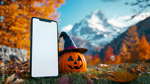 A smartphone with a white screen, placed next to a pumpkin wearing a witch's hat, amid colorful autumn leaves, against a backdrop of forest and mountains, is a Halloween mobile marketing concept