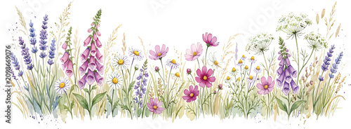 A charming artistic illustration featuring a row of delicate hand drawn wildflowers including lavender and cosmos, perfect for spring or summer designs.