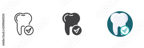 Tableau sur toile Check tooth icon with molar and approval check circle in line, solid and flat colorful color vector icon set, check tooth sign and symbol for dental health