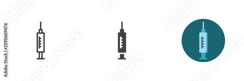 Syringe icon set shows medical injection with measurement marks in line, solid and flat colorful icon styles. Color vector sign and symbol for dental anesthesia.