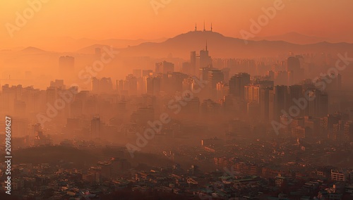 A hazy, golden hour view showcases the skyline of a bustling city beneath a mountain range