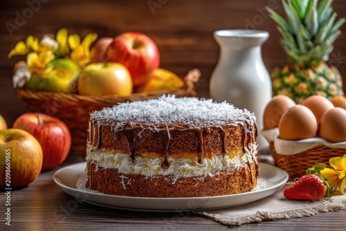 A layered dessert with coconut flakes, dripping chocolate, and fruit beside a wooden background