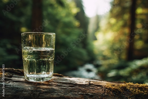A glass of water rests on a fallen tree trunk, forest backdrop, sunlight filters through