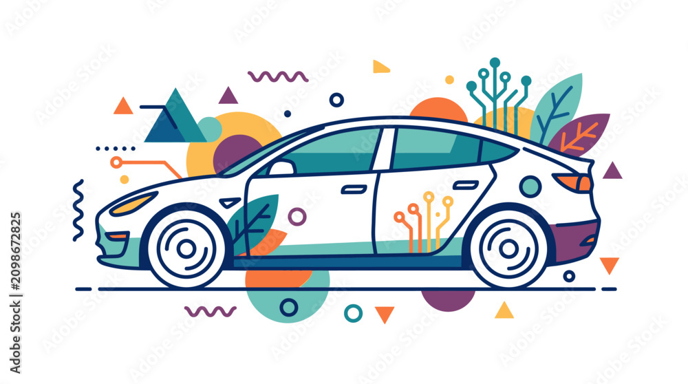 Naklejka premium Vibrant abstract illustration of a modern car with colorful geometric shapes and patterns