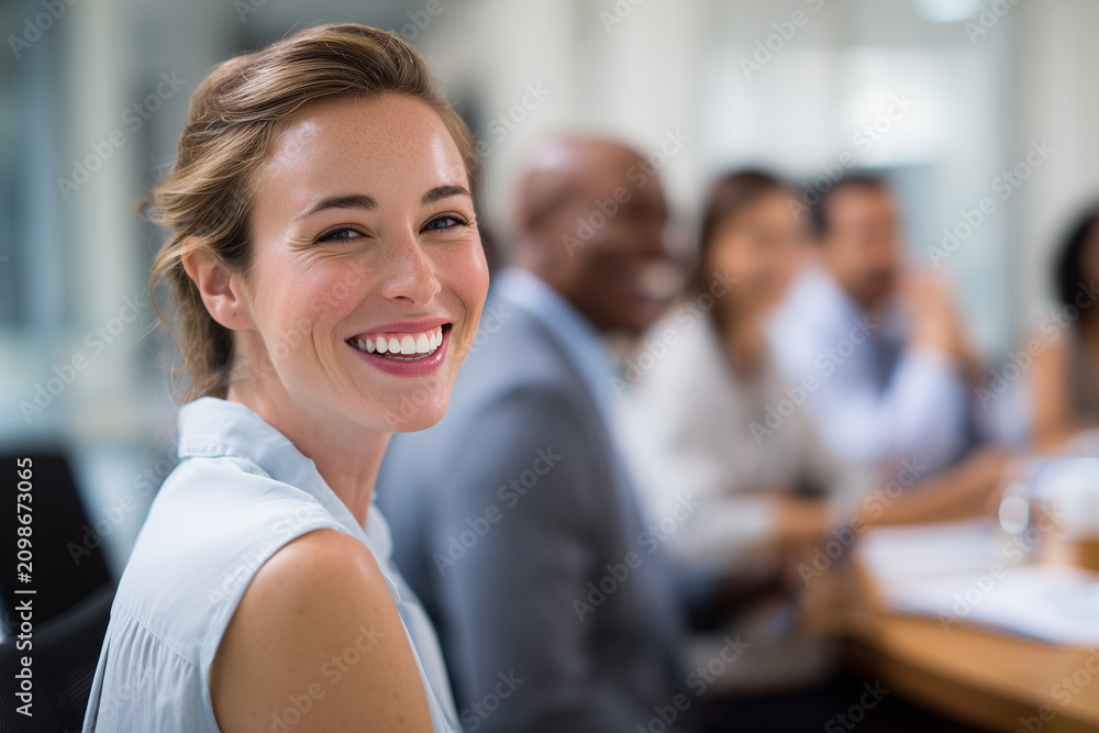 Fototapeta premium Young attractive female CEO, elegant skirt, business meeting, executive planning discussion, confident entrepreneur, corporate success.