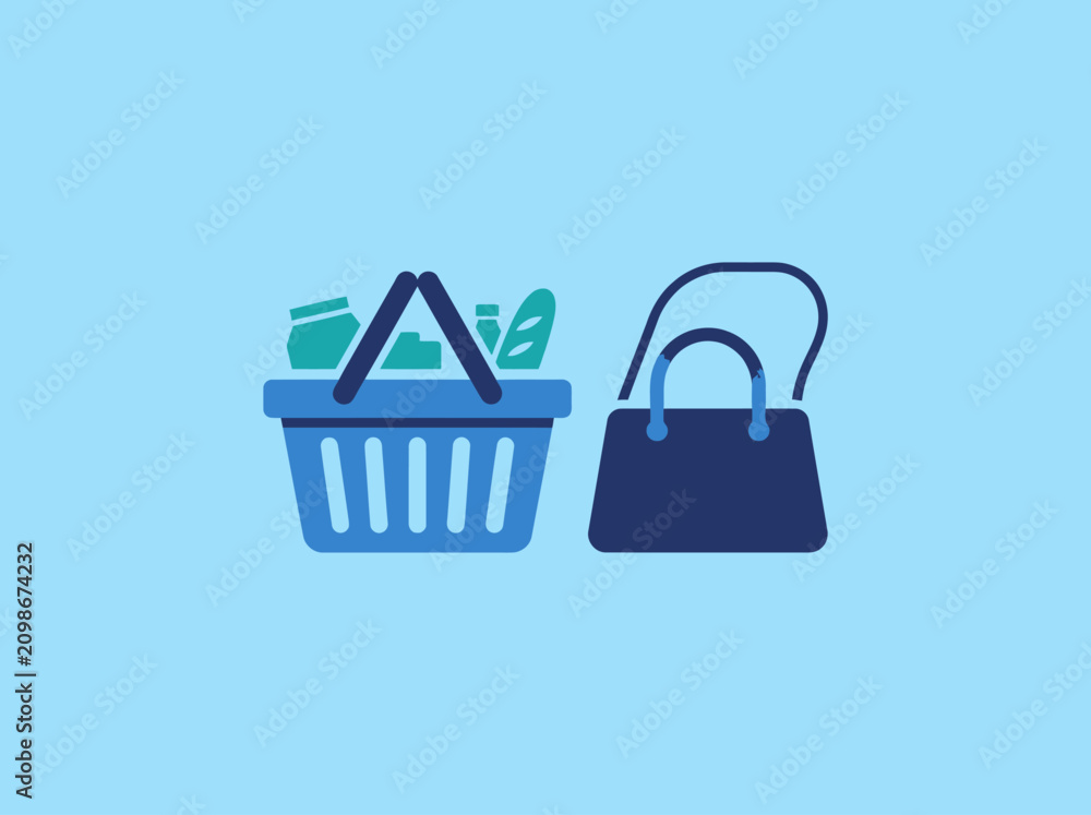 Fototapeta premium Shopping basket and bag on a light blue background